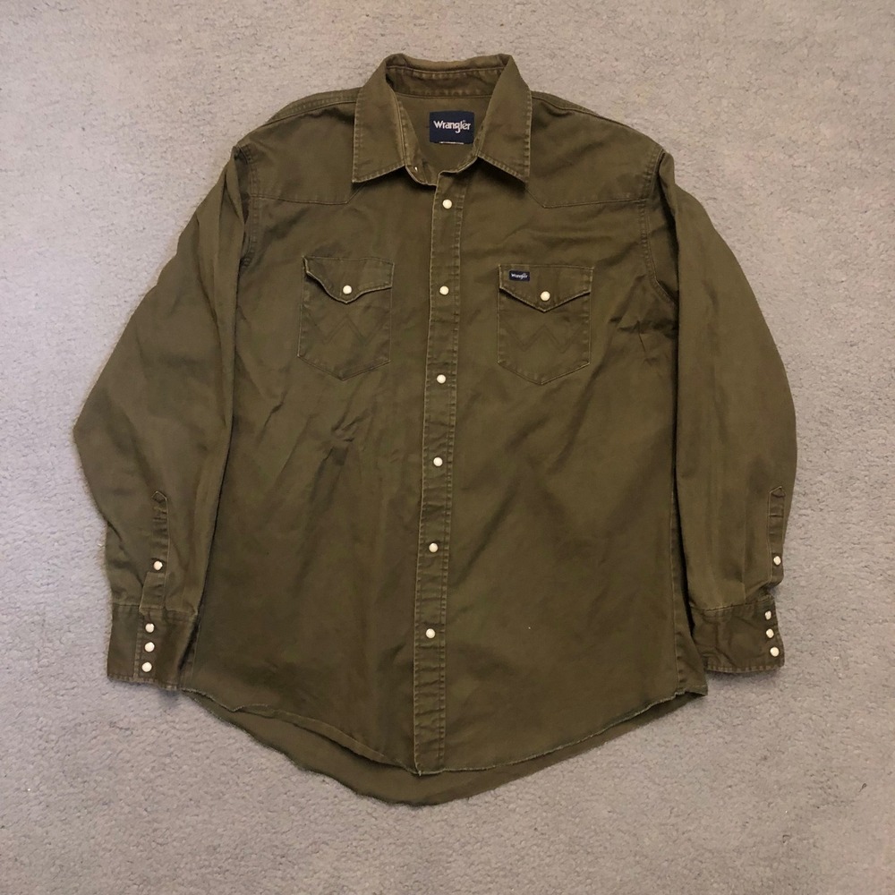Vtg Wrangler Western Pearl Snap Shirt Olive Green Workwear Cowboy Rodeo